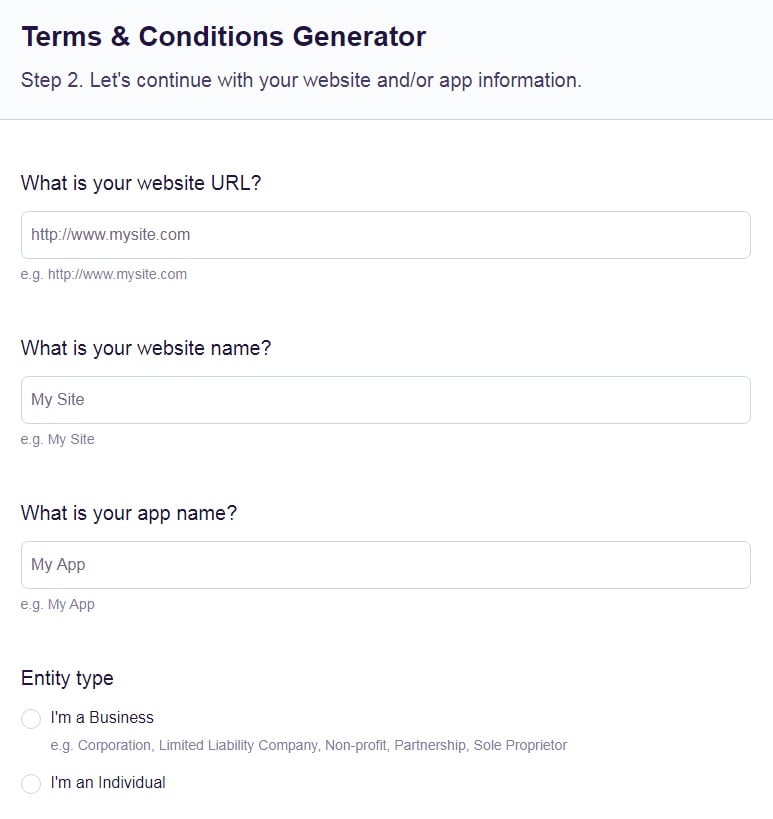 FreePrivacyPolicy: Free Terms and Conditions Generator - Answer a few questions about your business information - Step 2