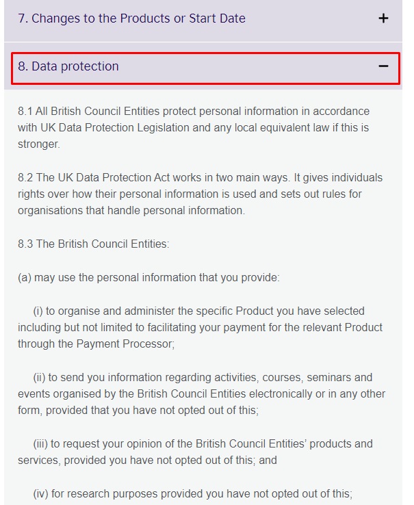 British Council Terms and Conditions Data Privacy clause