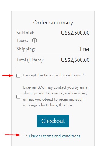 Elsevier checkout page with Terms link and Accept checkbox highlighted