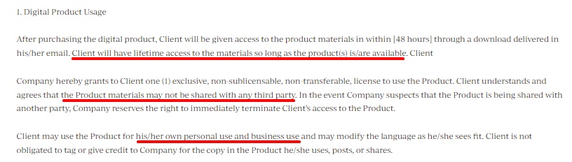 Generic Digital Product Usage clause