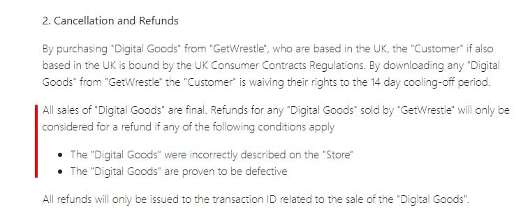 GetWrestle Terms and Conditions: Cancellation and Refunds clause