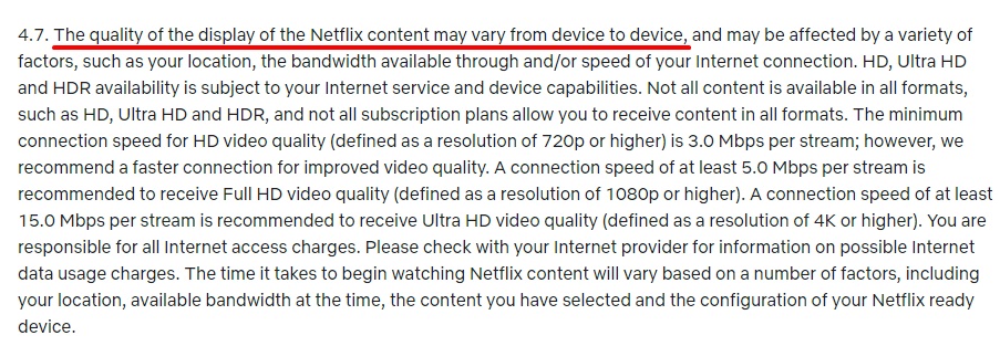 Netflix Terms of Use Quality clause
