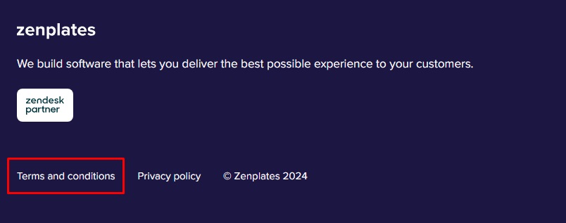 Zenplates website footer with Terms link highlighted